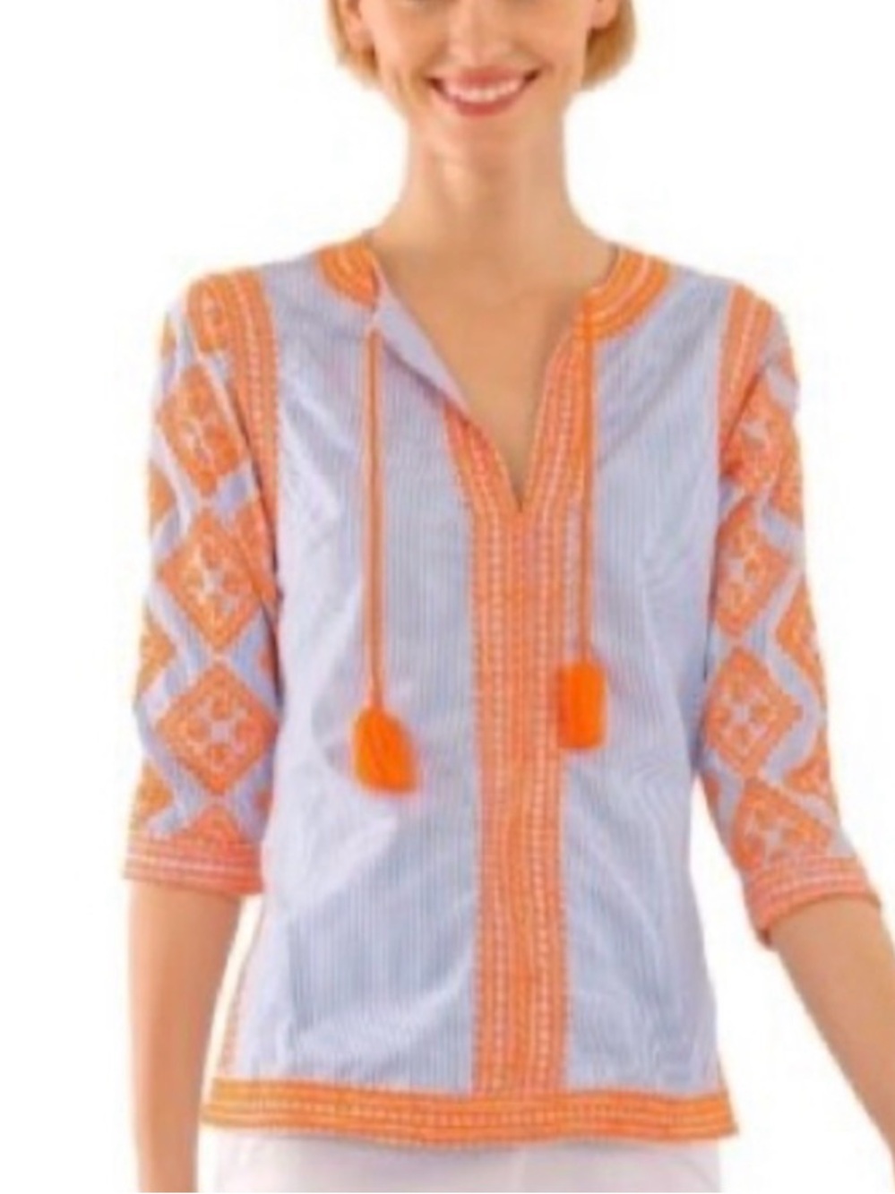 Gretchen Scott Blue White Striped Orange Embroidered Tunic Top Tassels Size S